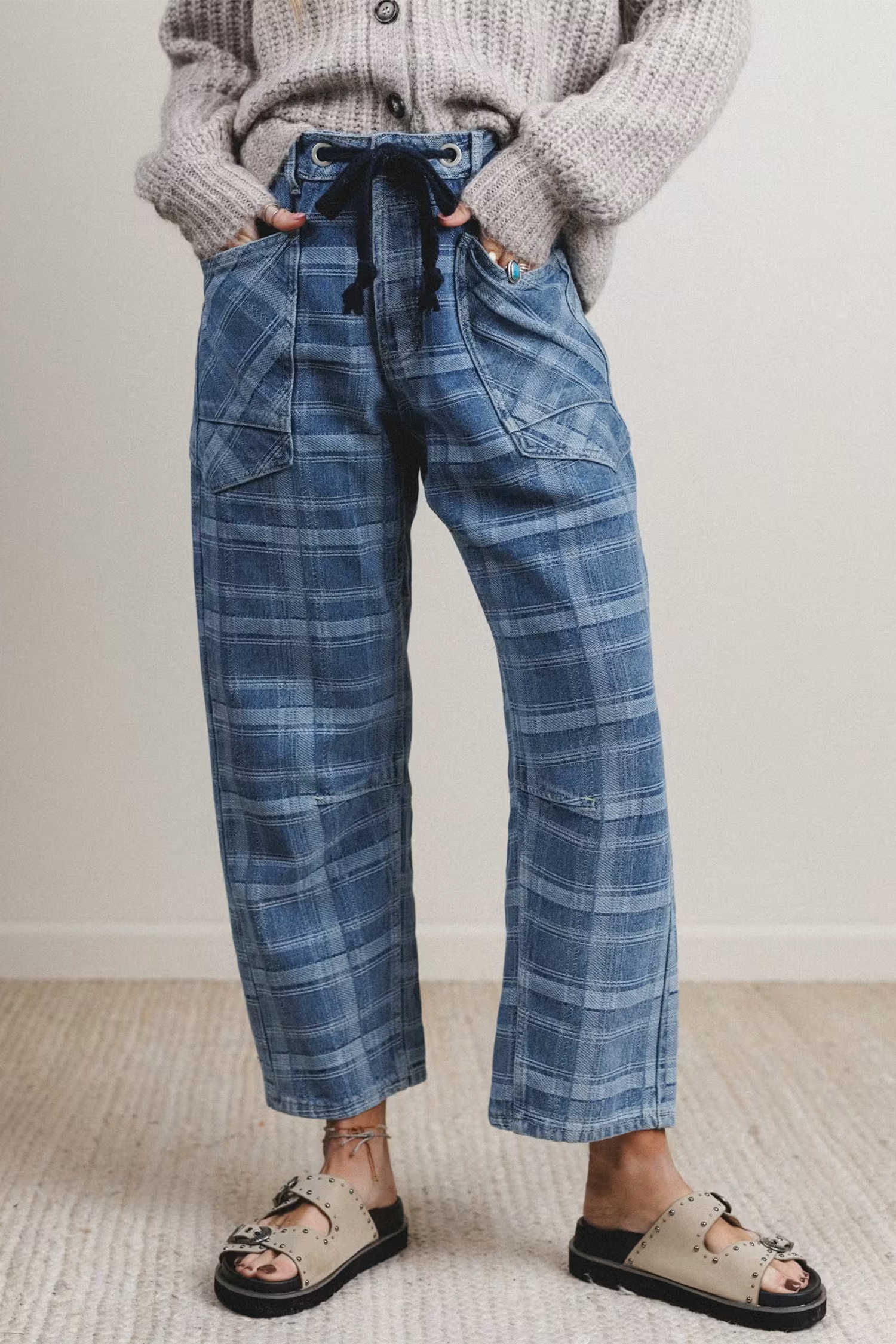 Sky Blue Plaid Drawstring Waist Regular Fit Ankle Length Jeans