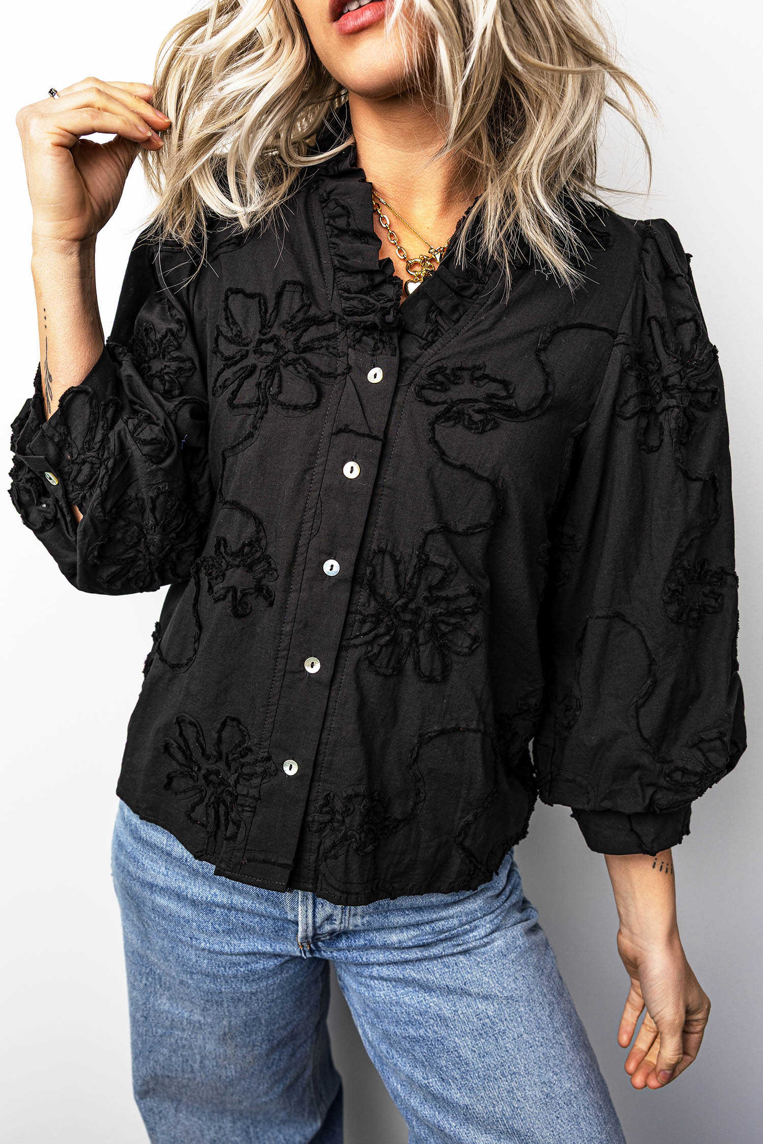 Black Floral Embroidered Button-Front Blouse with Ruffled V-Neck and Puffed Sleeves