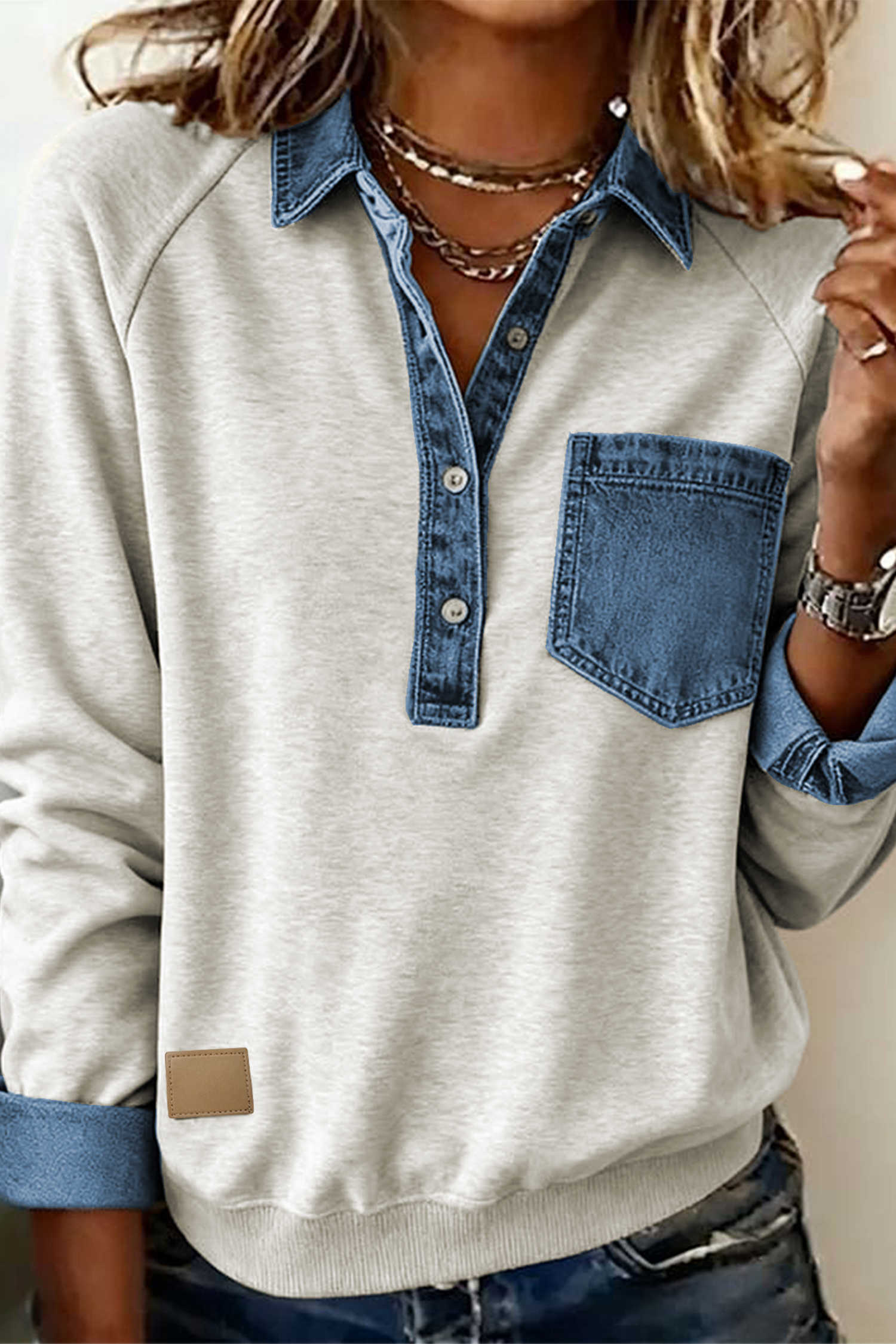 Gray Women_S Casual Pullover Denim Patchwork Sweatshirt