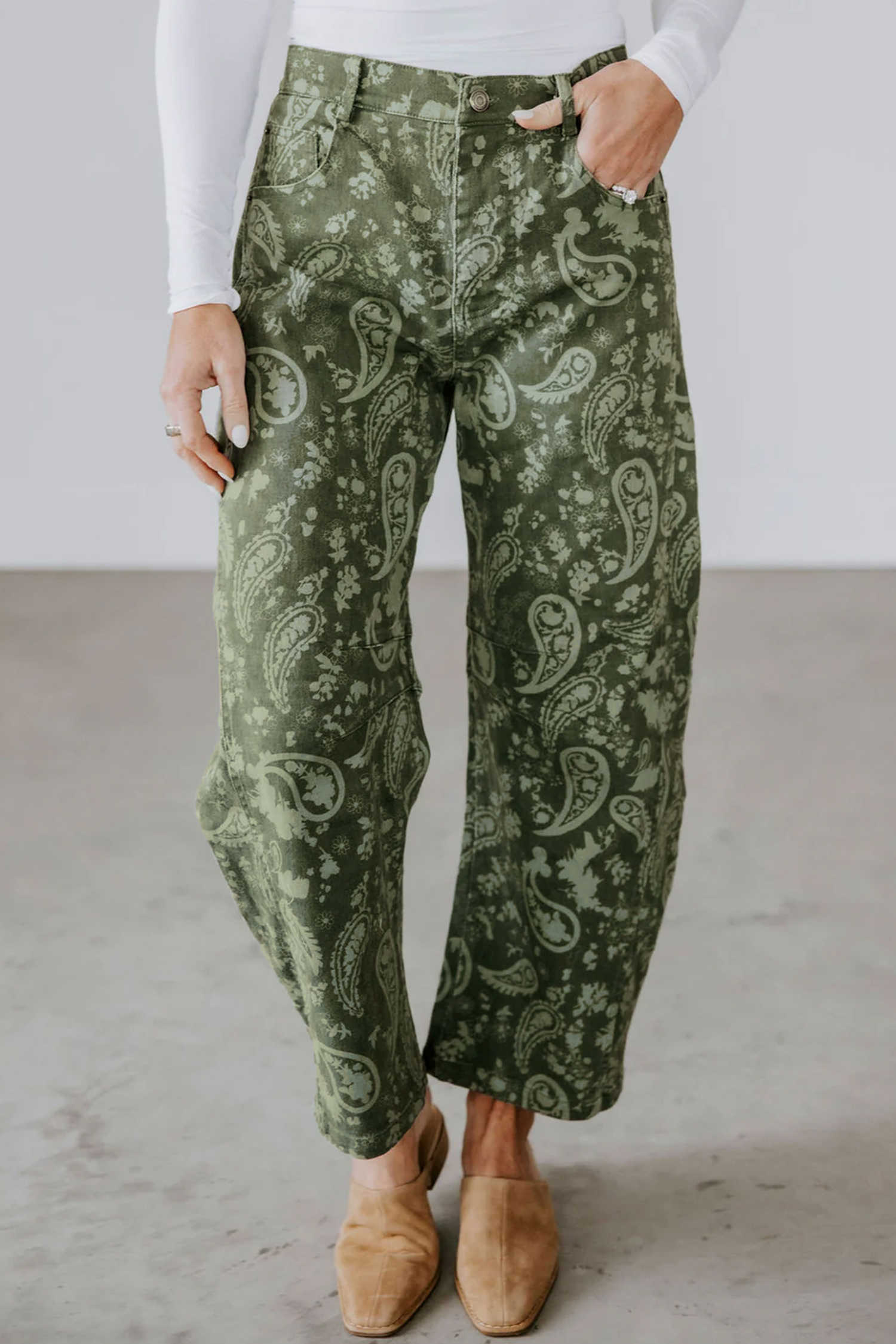 Green High Waist Paisley Harem Pants Ankle Length Casual Daily Wear Jeans