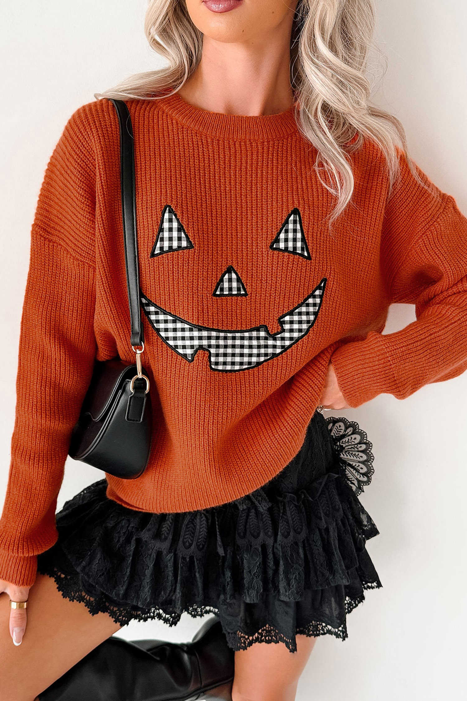 Orange Drop Shoulder Long Sleeve Round Neck Halloween Sweater Pullover