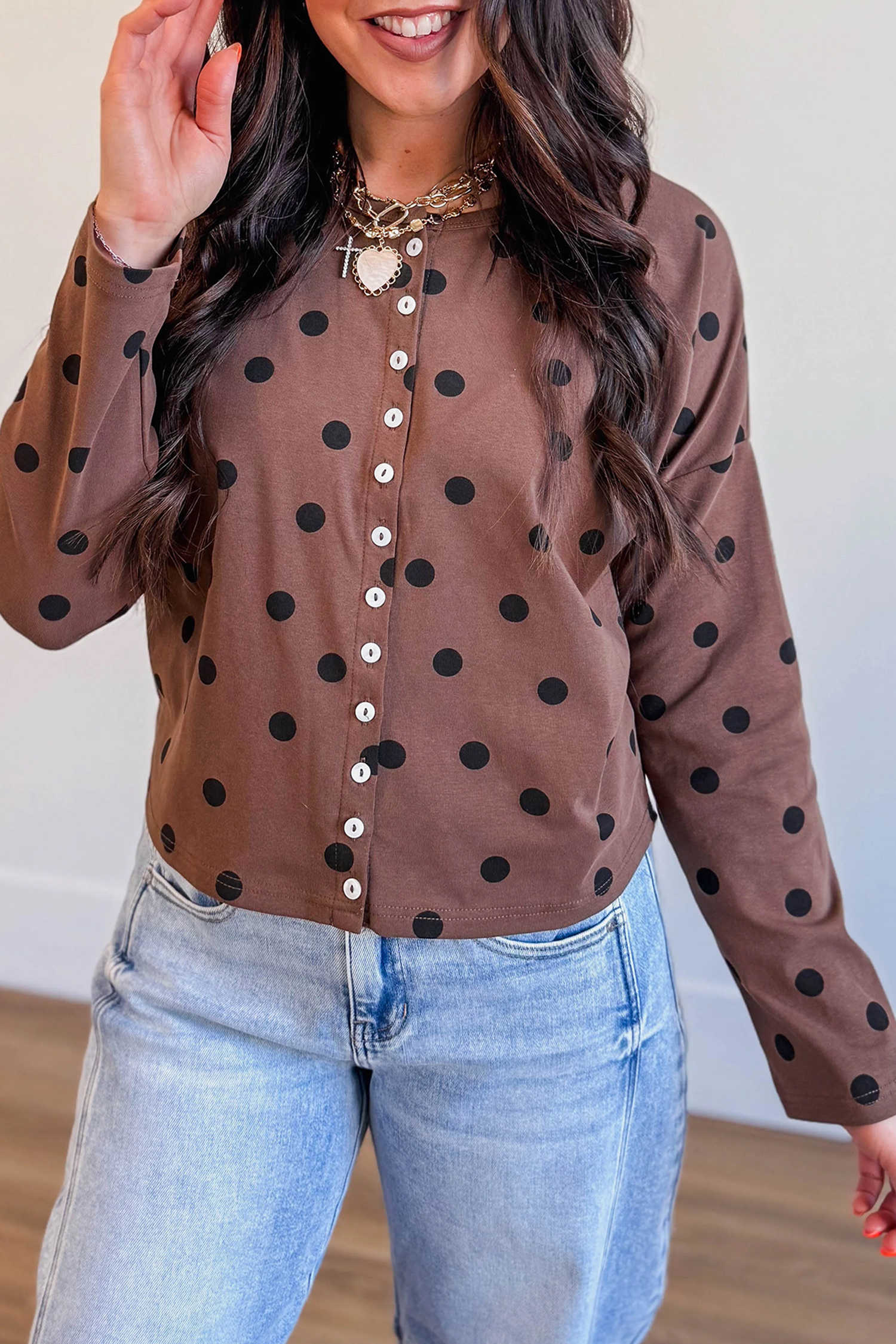 Brown Polka Dot Long Sleeve Button Front Casual Shift Top