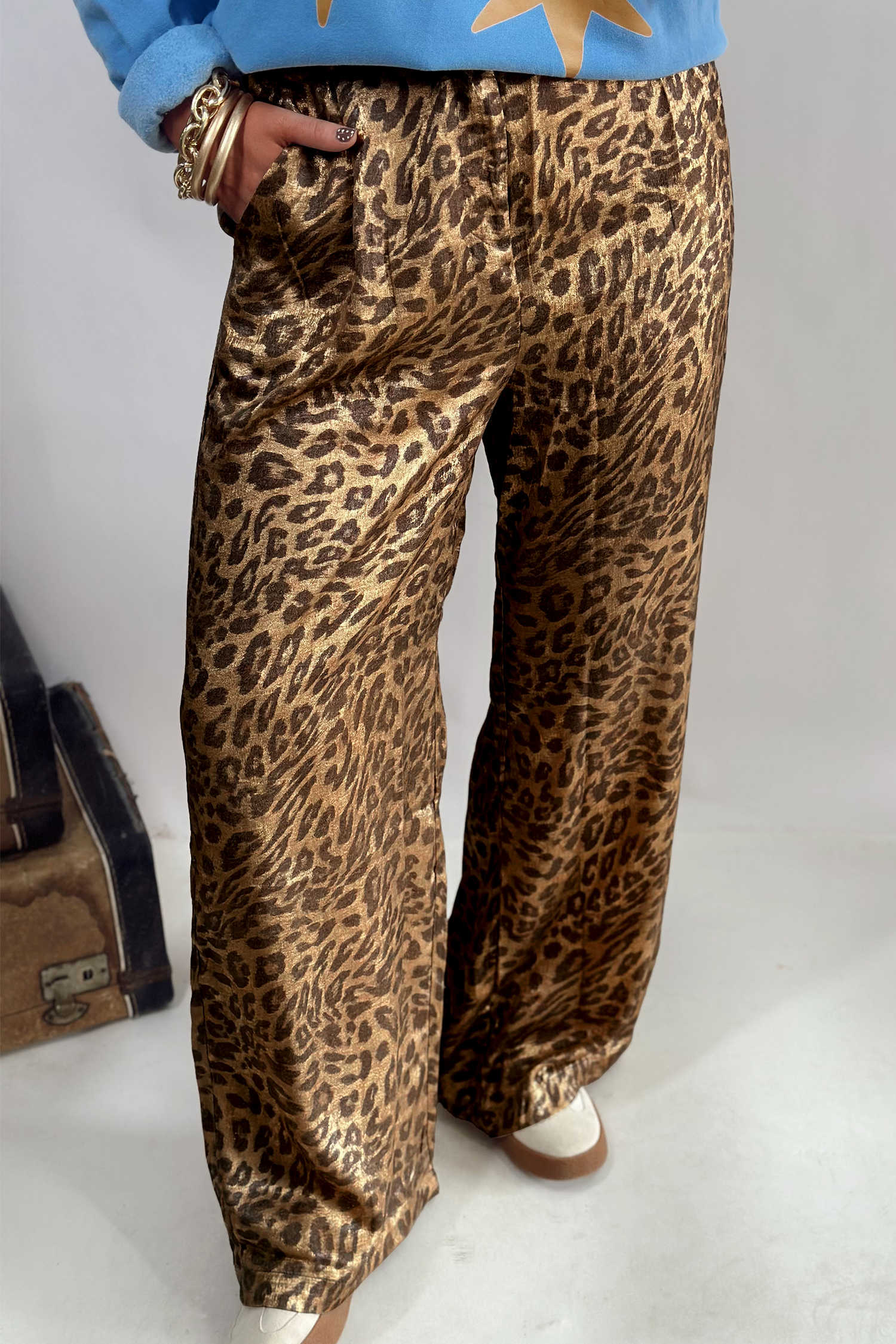 Multicolour Leopard Print Wide Leg Pants Western Style Daily Wear Full Length Trousers