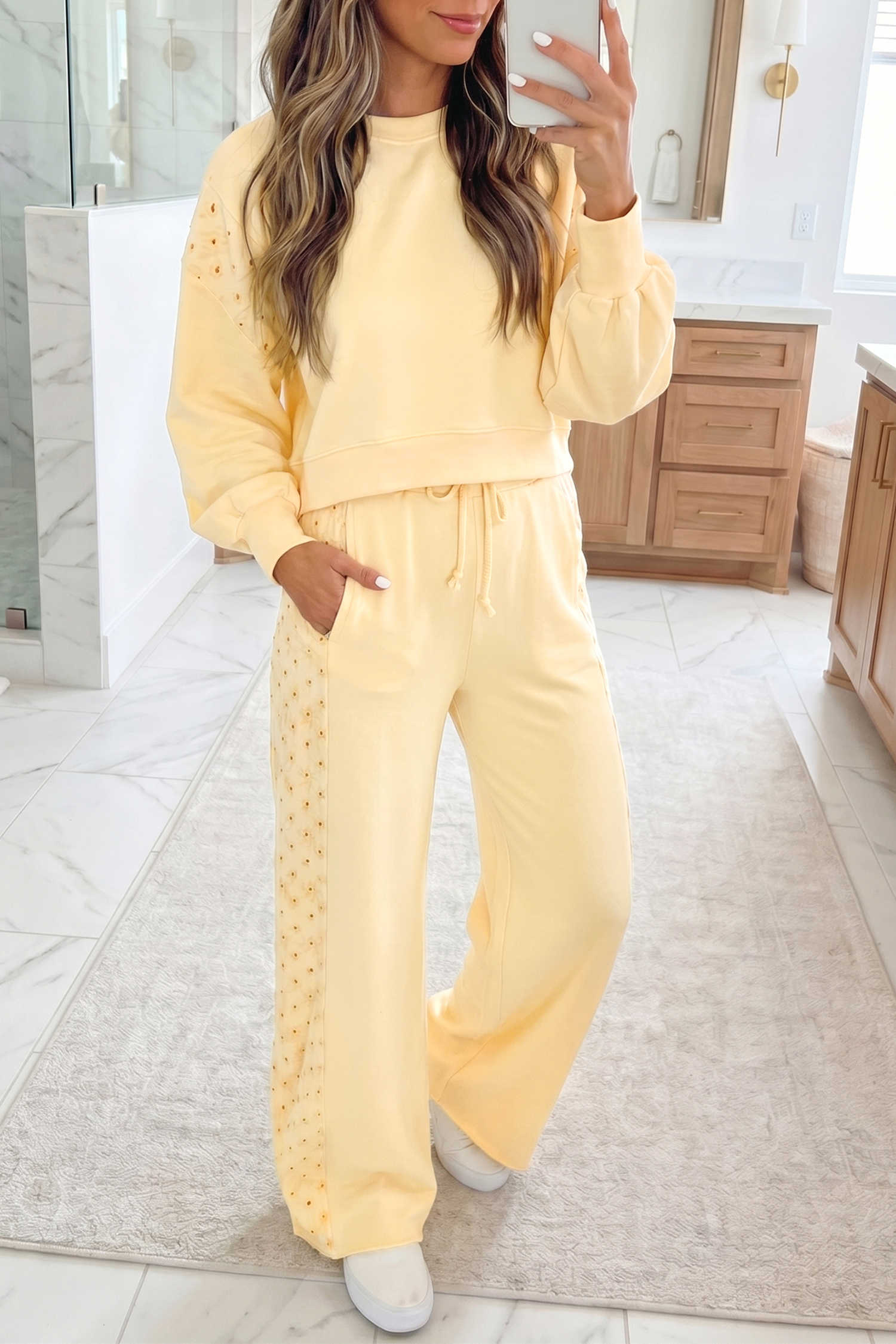 Yellow Cream Long Sleeve Solid Two Piece Set Elastic Waist Pocket Insert Casual Loungewear
