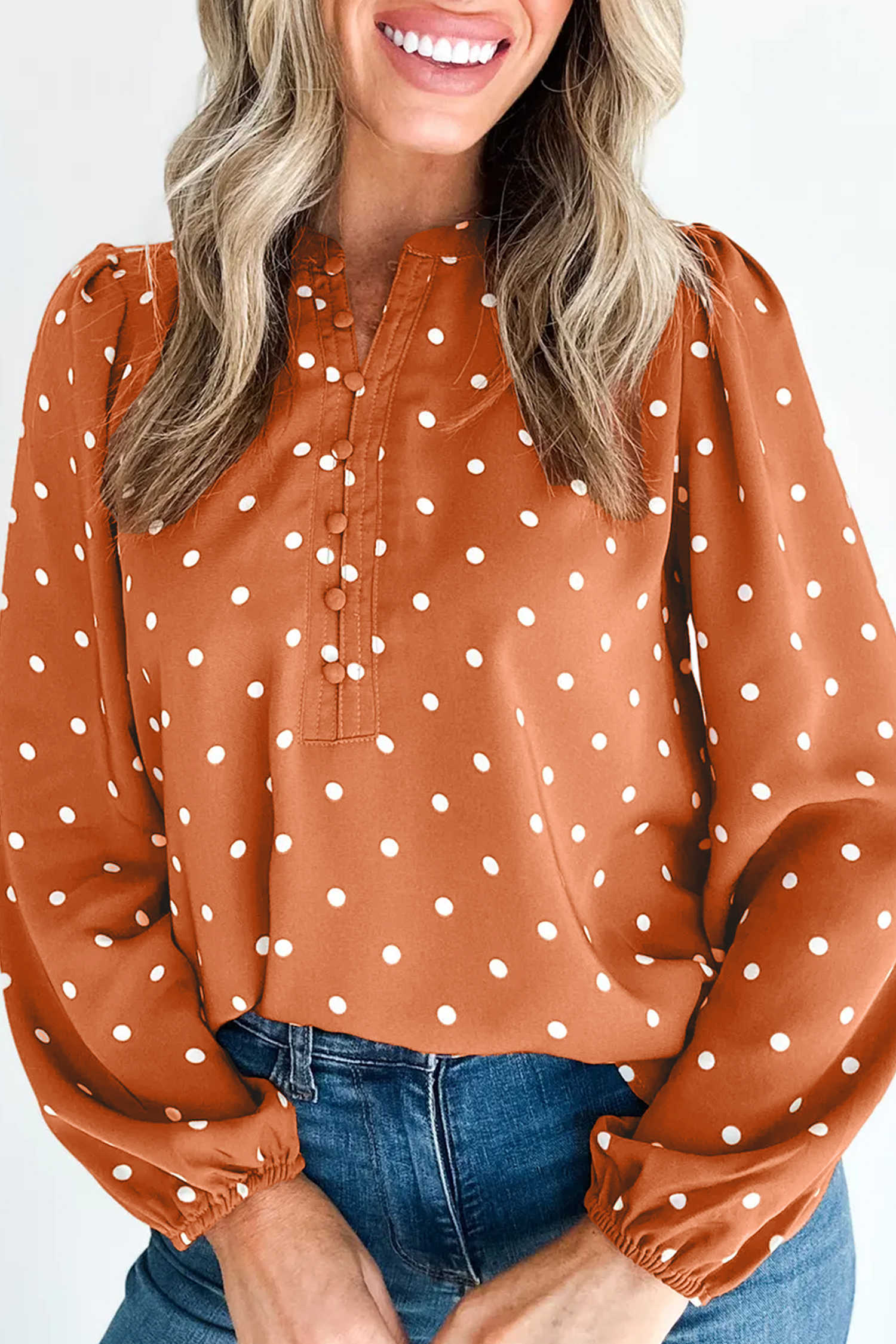 Brown Polka Dot V Neck Long Sleeve Button Up Shift Top