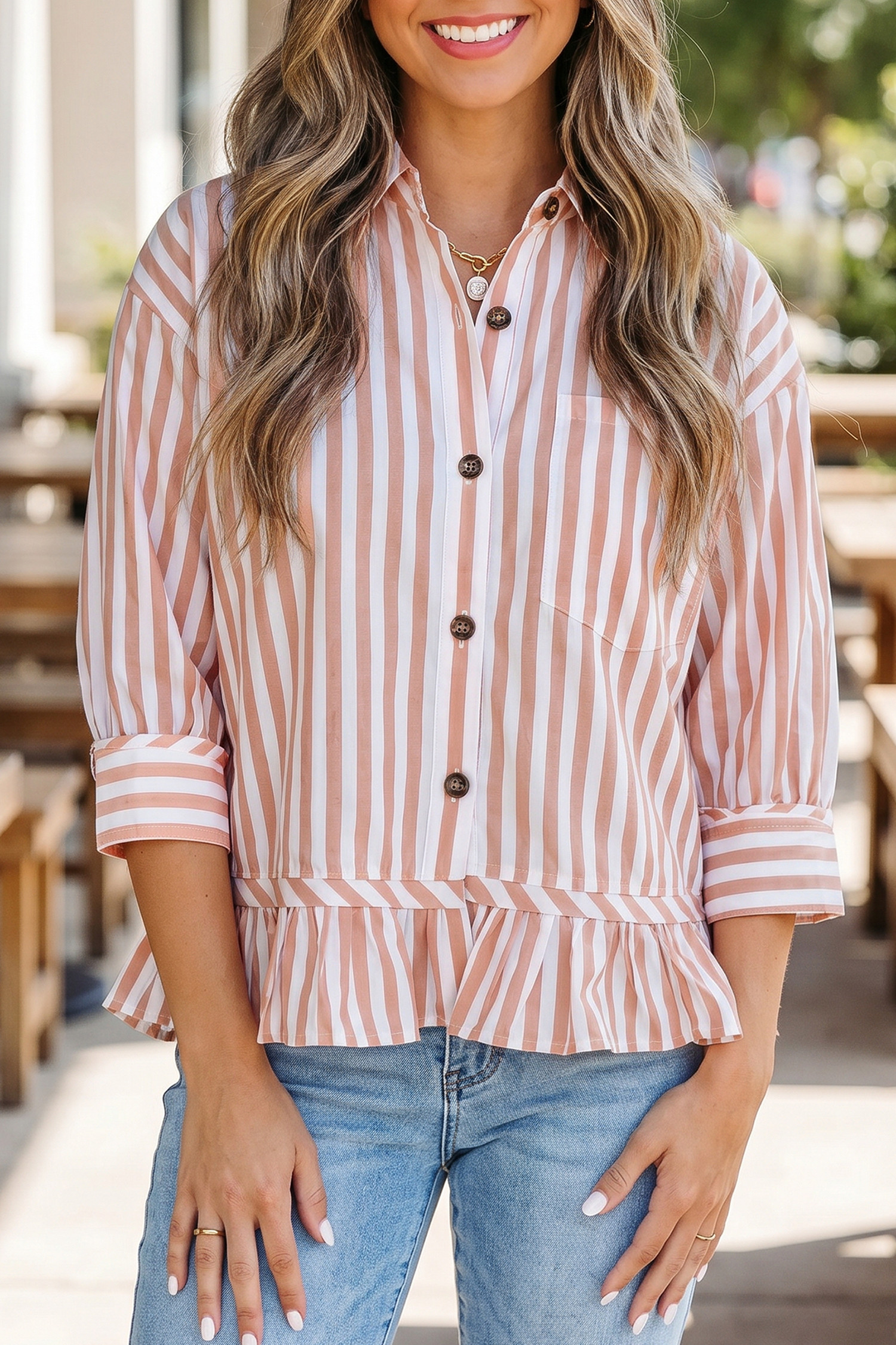 Khaki Stripe Blouses & Shirts