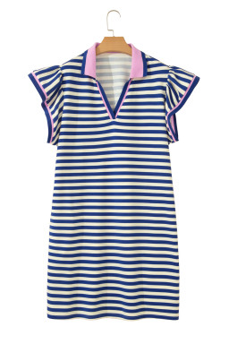 Dark Blue Striped Shift Dress Colorblock V Neck Short Sleeve Casual Summer