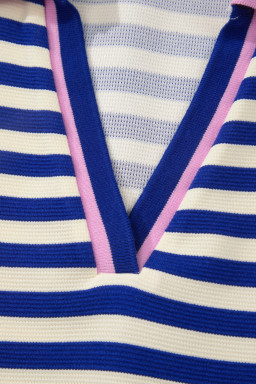 Dark Blue Striped Shift Dress Colorblock V Neck Short Sleeve Casual Summer