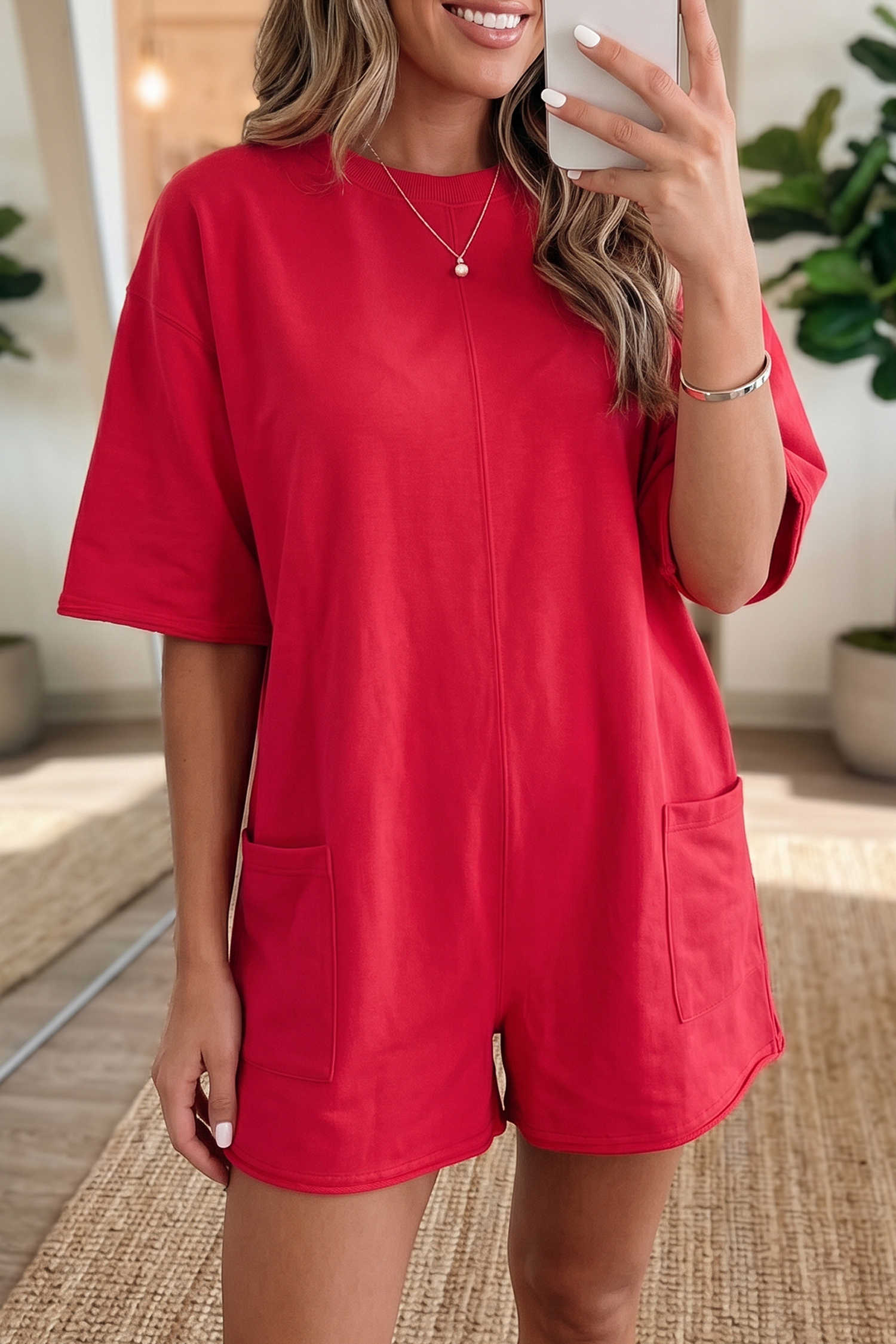 Fiery Red Solid Color Raw Edge Half Sleeve Pocketed Loose Romper