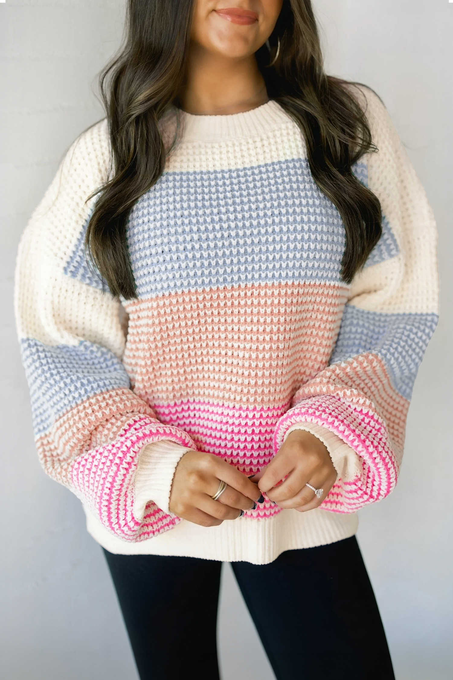 Light Blue Color Block Drop Shoulder Knit Loose Pullover Sweater