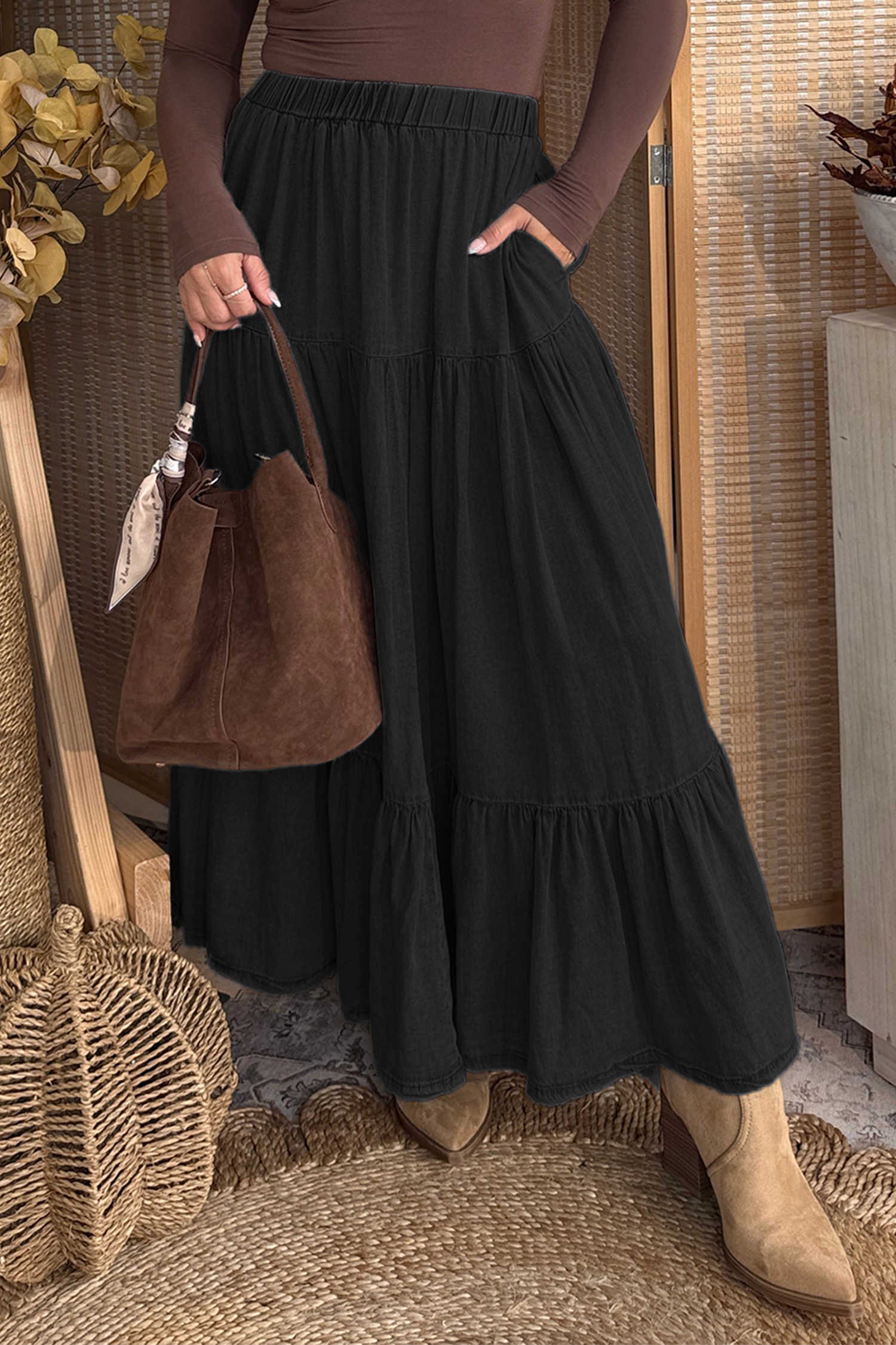 Black Elastic Waist Ruffled Tiered Flared Denim Maxi Skirt