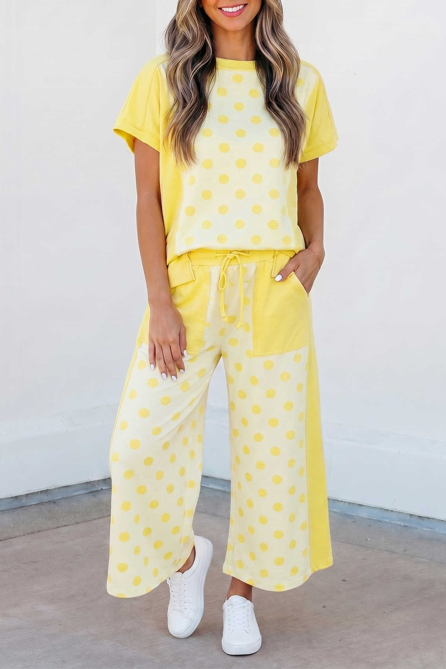 Yellow Color Block Patchwork Polka Dot Wide Leg Pant Set