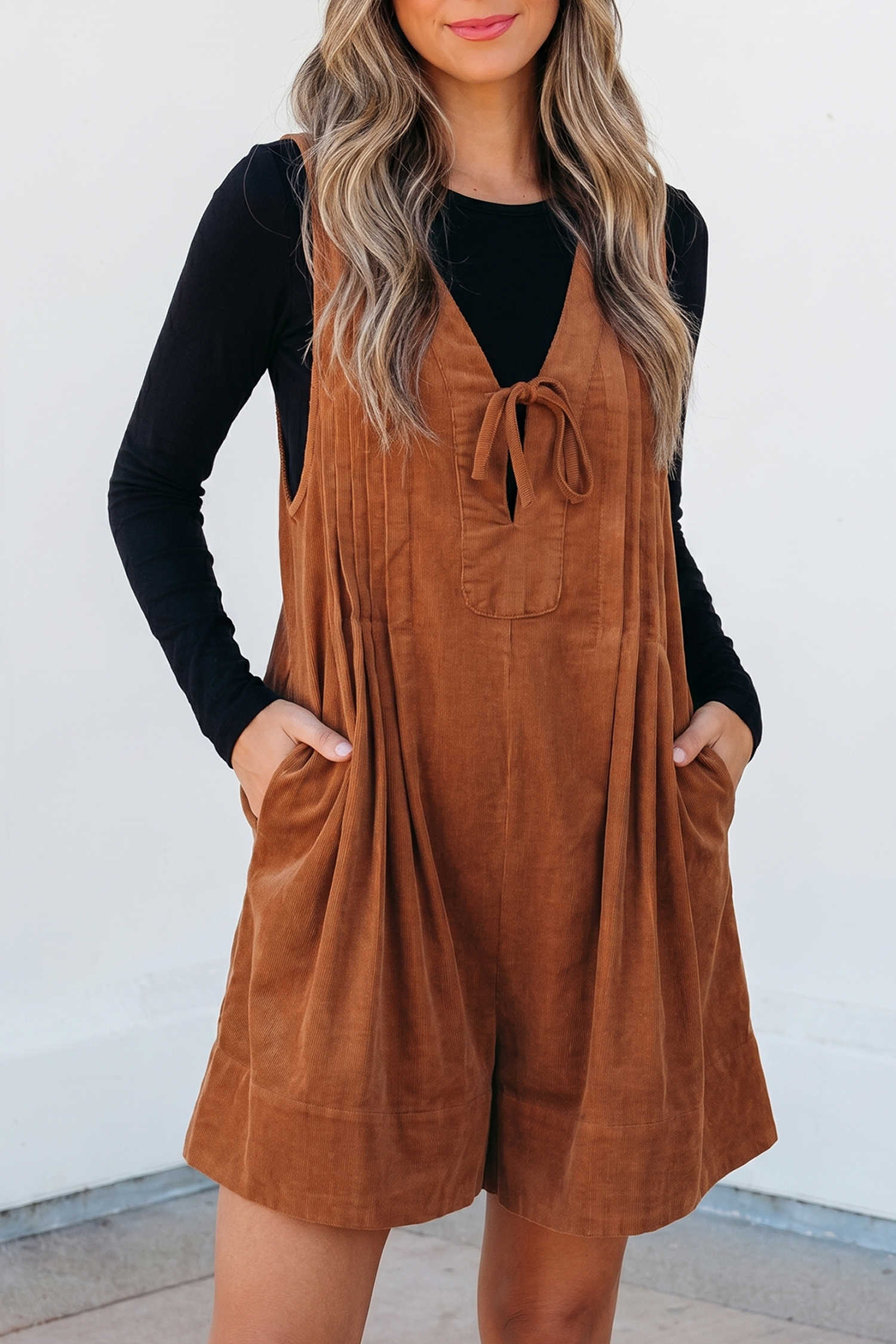 Cinnamon Sleeveless Corduroy Shift Romper with Tie Neck and Pockets for Daily Wear