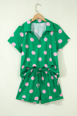 Green Polka Dot Print V Neck Tee Short Set