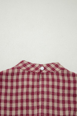 Coral Country Plaid Long Sleeve Button Keyhole Pleated Loose Blouse