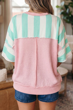 Green Stripe Exposed Seam Ribbed Patchwork Oversized Tee