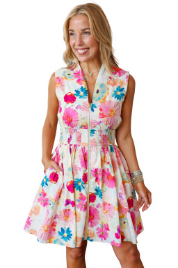 Pink Adorable Floral Print V Neck Zip Up Smocked Waist Flared Mini Dress