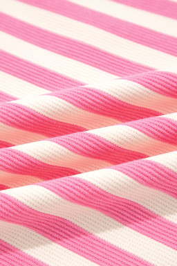 Rose Stripe Contrast Trim Polo Collar Ruffled Short Sleeve Blouse