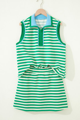 Bright Green Textured Stripe Print Contrast Trim Zip Collar Sleeveless 2pcs Skort Set