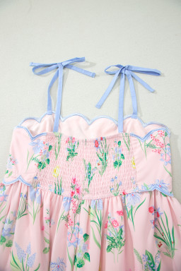Pink Floral Print Contrast Trim Self-tie Straps High Waist Midi Dress