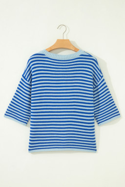 Blue Stripe Loose Half Sleeve Knit Button Down Sweater Cardigan