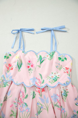 Pink Floral Print Contrast Trim Self-tie Straps High Waist Midi Dress