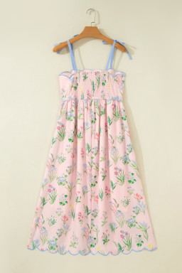 Pink Floral Print Contrast Trim Self-tie Straps High Waist Midi Dress
