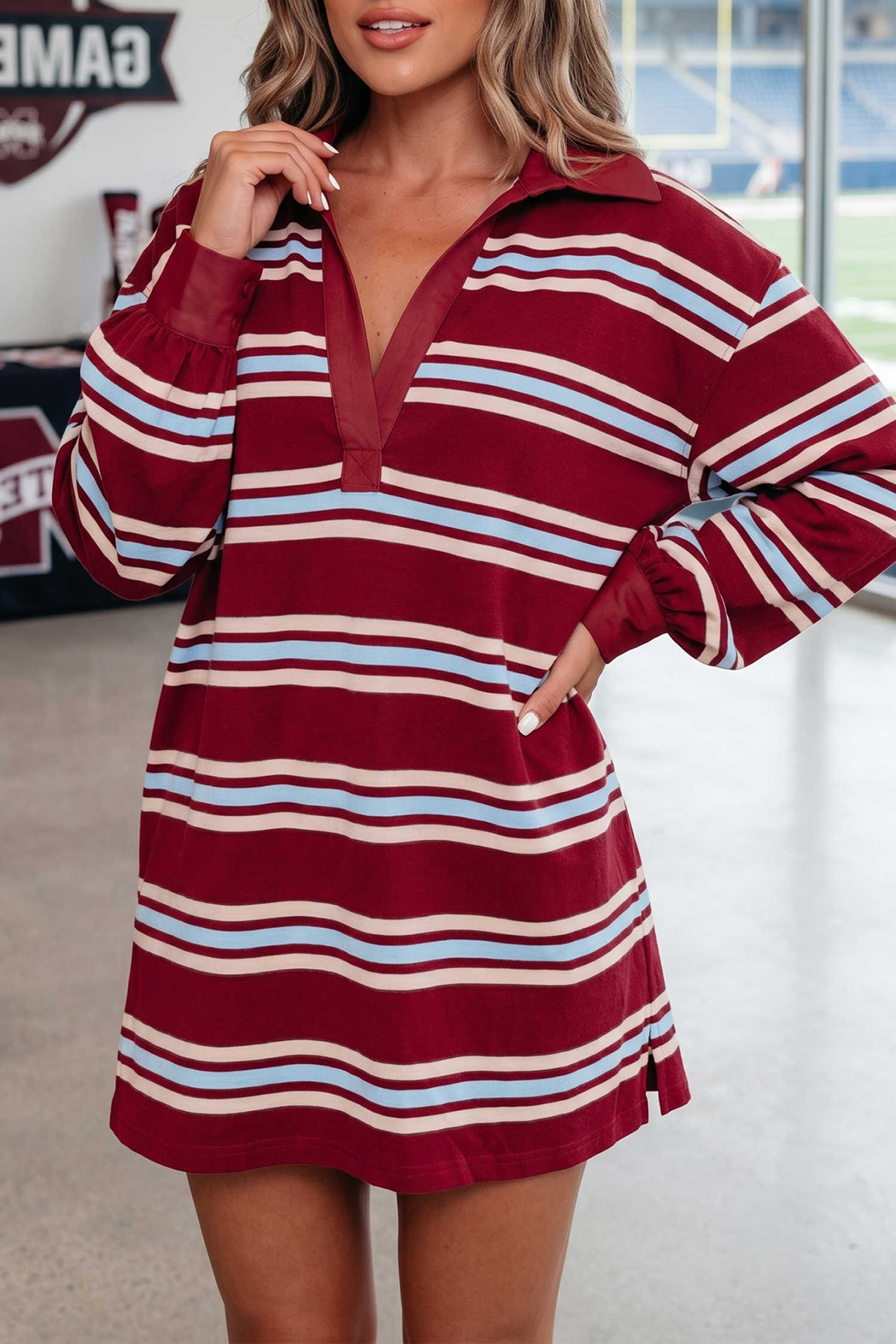 Red Stripe Striped Long Sleeve Split Hem Shift Dress Casual Daily Wear