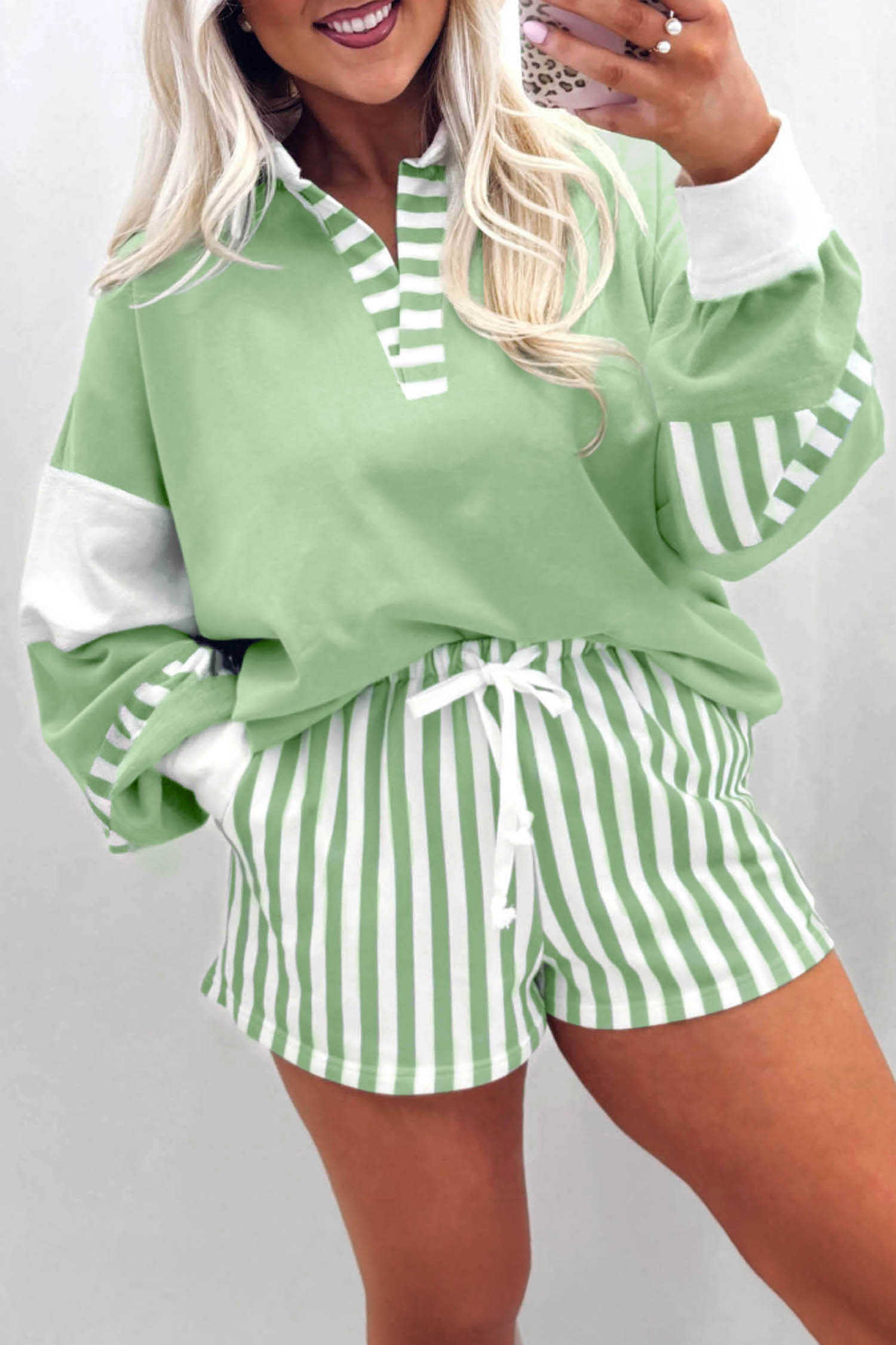 Smoke Green Casual Striped Two Piece Set Long Sleeve Shift Silhouette Daily Wear Pantsuit