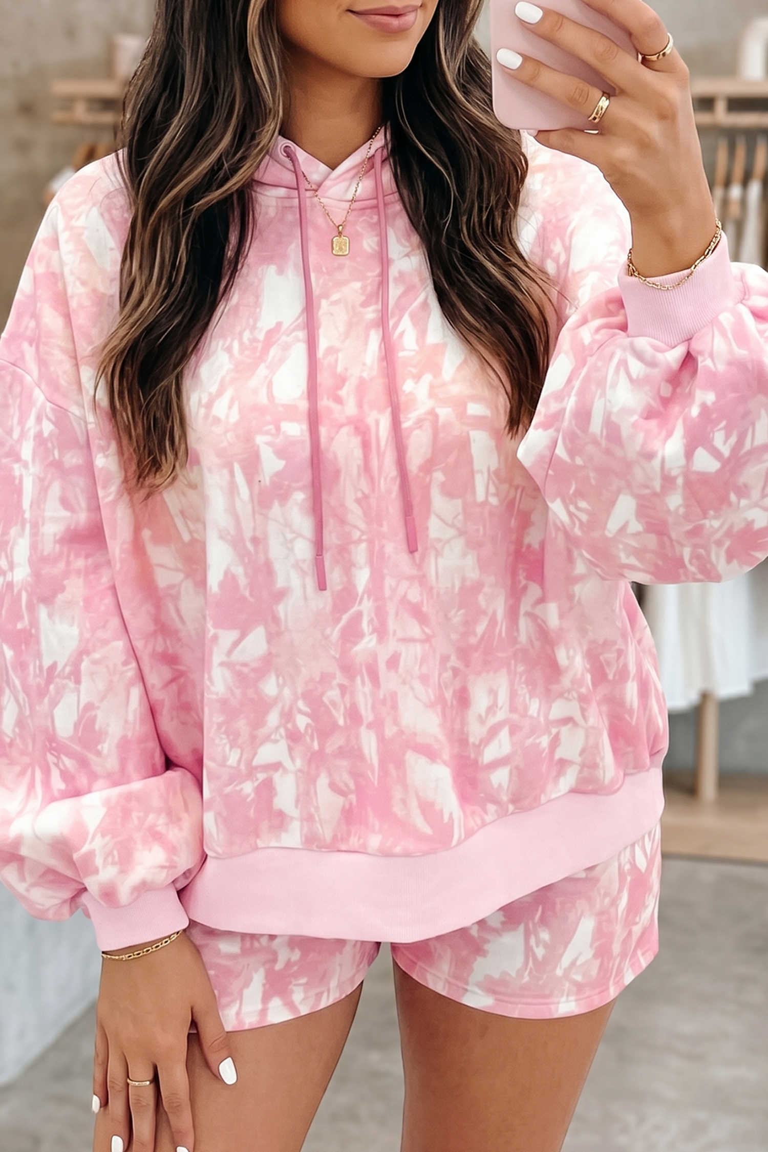Pink Abstract Print Long Sleeve Pullover Hoodie and Shorts Set with Elastic Waistband