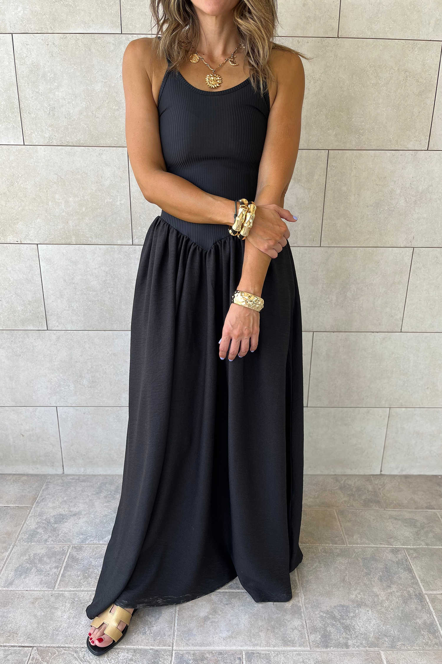 Black Spaghetti Straps Drop Waist Ribbed Patchwork Maxi Dress