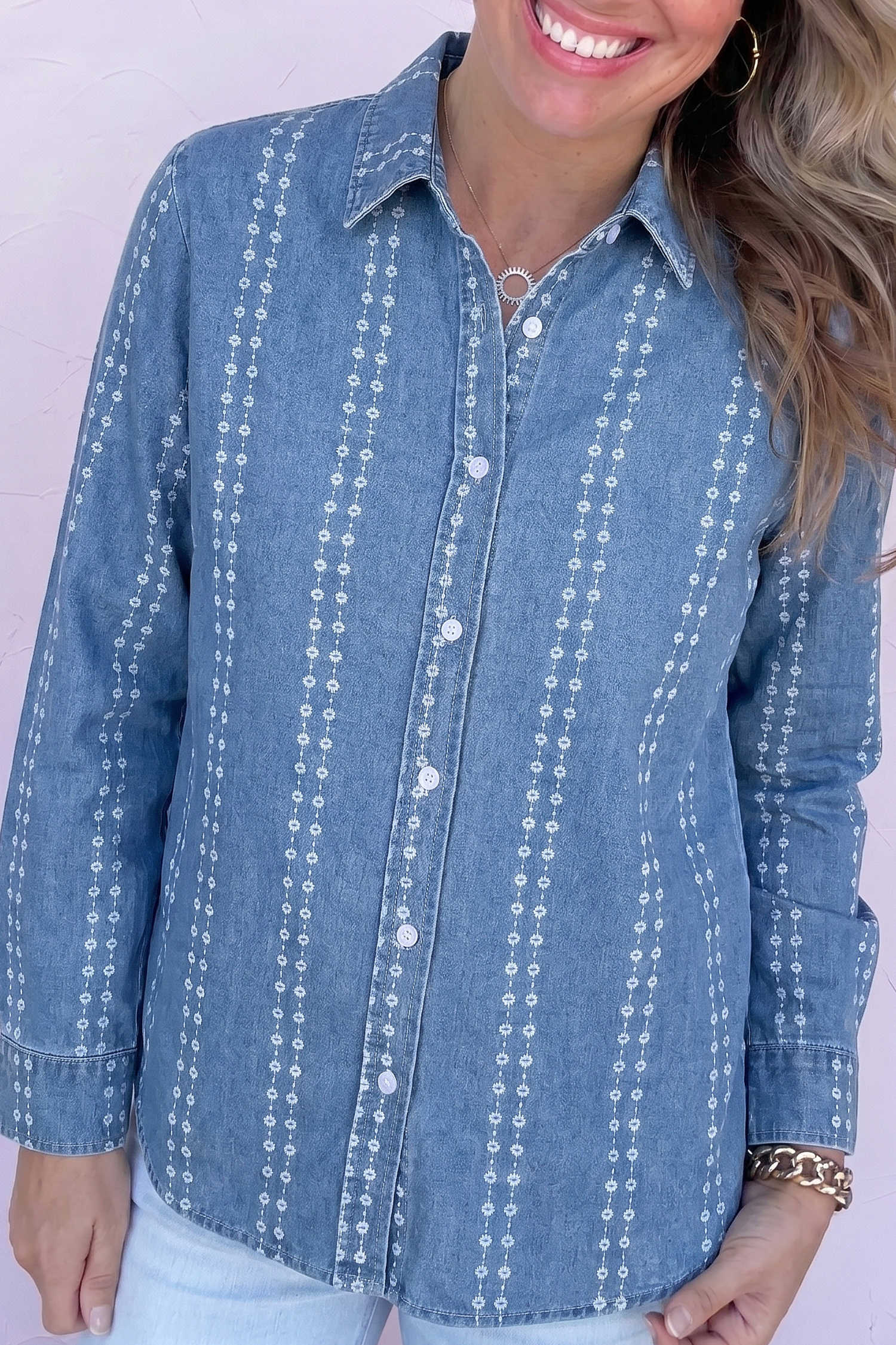 Myosotis Daisy Stripe Pattern Button-Up Long Sleeve Denim Shirt