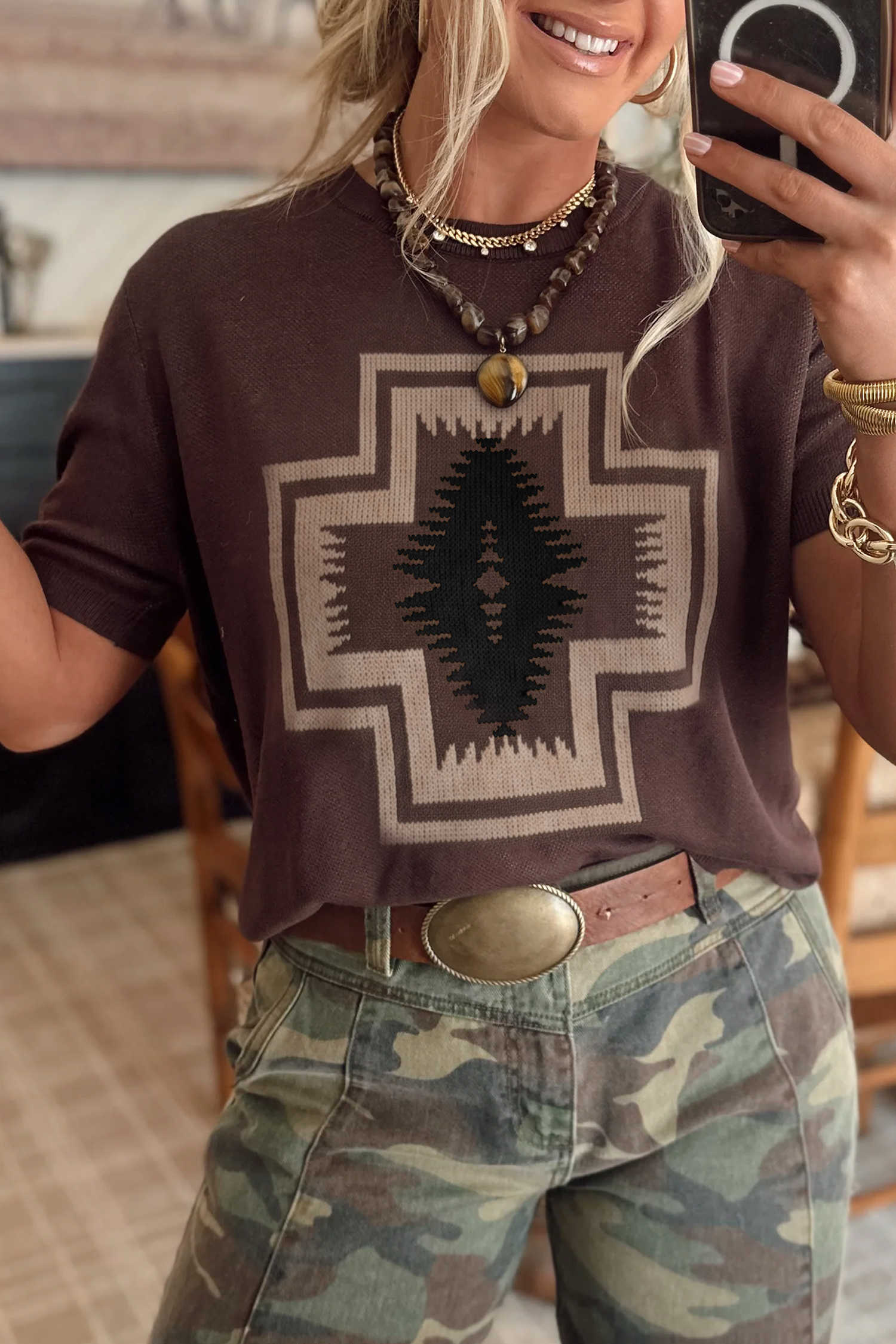Brown Short Sleeve Western Print T-Shirt Shift Silhouette Knit Top
