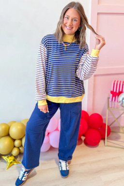 Blue Stripe Long Sleeve Tops