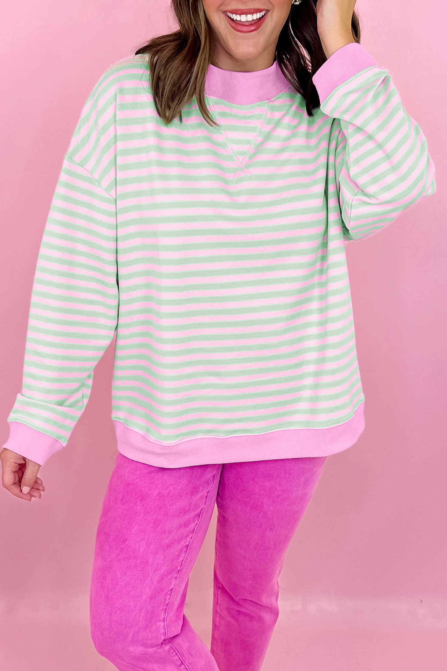 Green Stripe Striped Long Sleeve Stand Neck Sweatshirt Casual Loose Fit Pullover