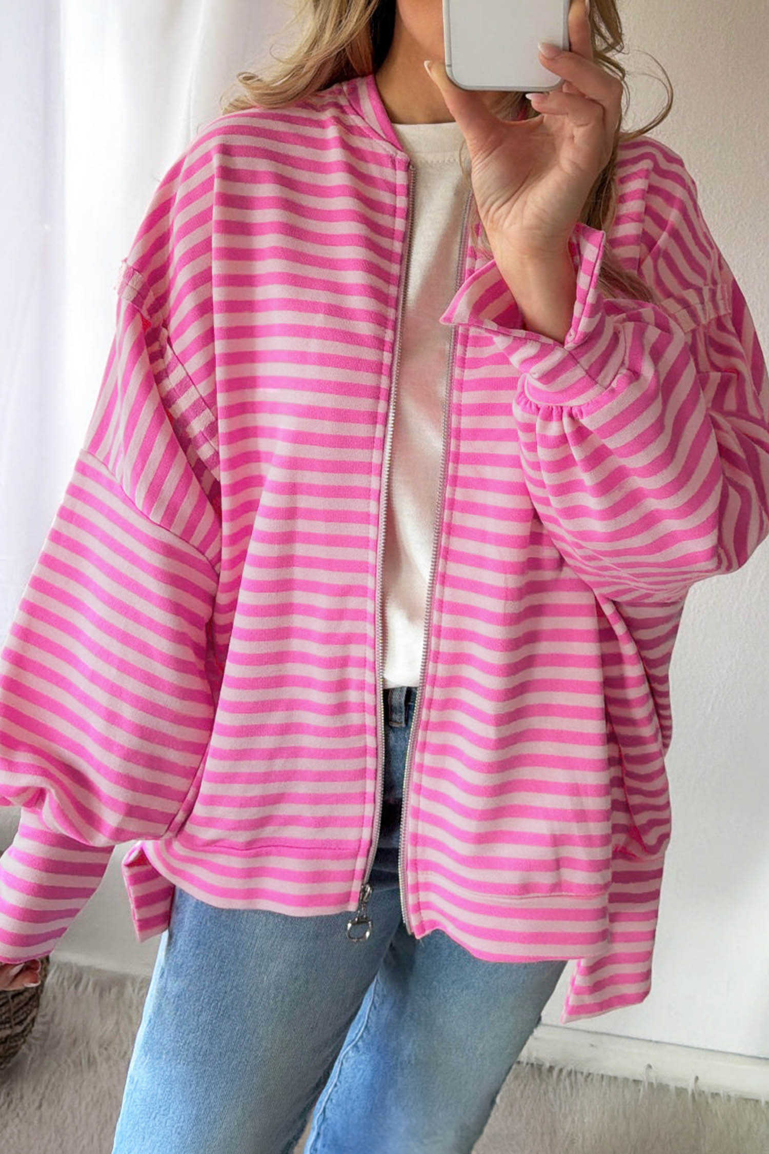 Pink Stripe Metal Zip Front Puff Sleeve Oversized Sweatshirt