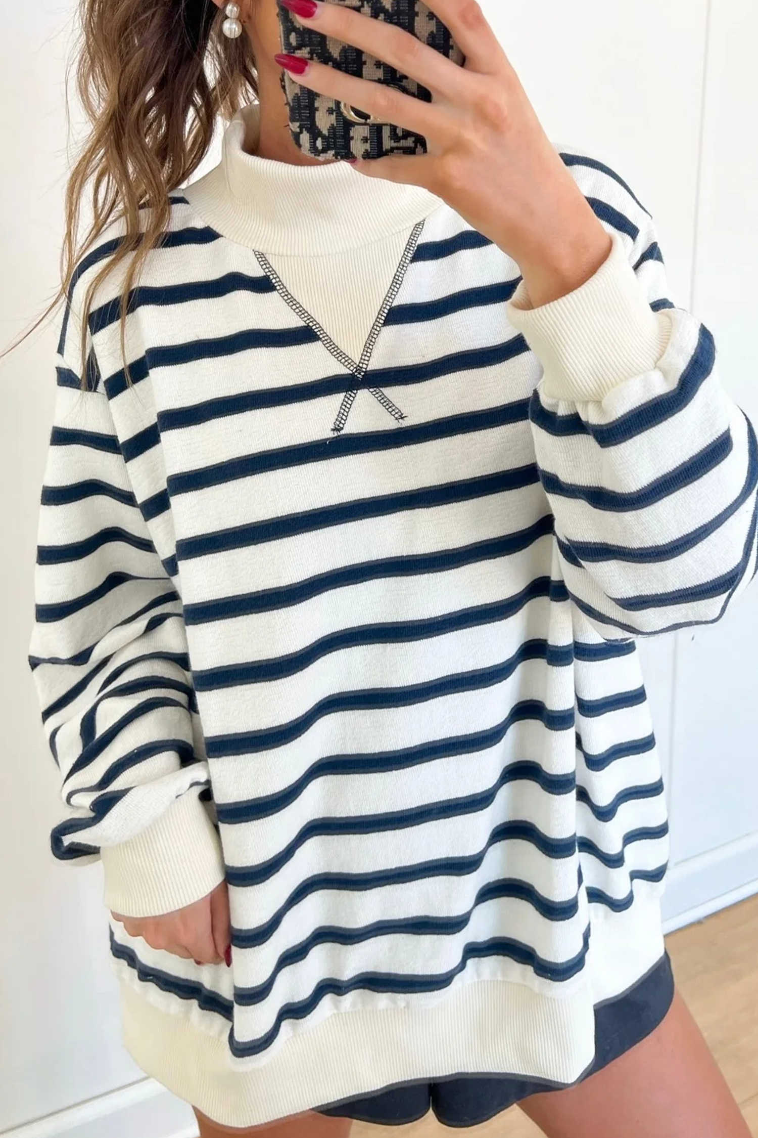 Blue Stripe Ribbed Color Block High Neck Oversized Pullover Sweatshirt