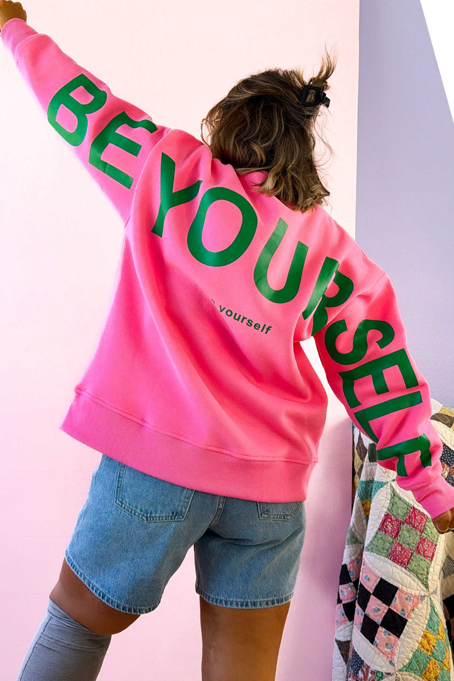 Sachet Pink BE YOURSELF Slogan Print Oversized Pullover Sweatshirt