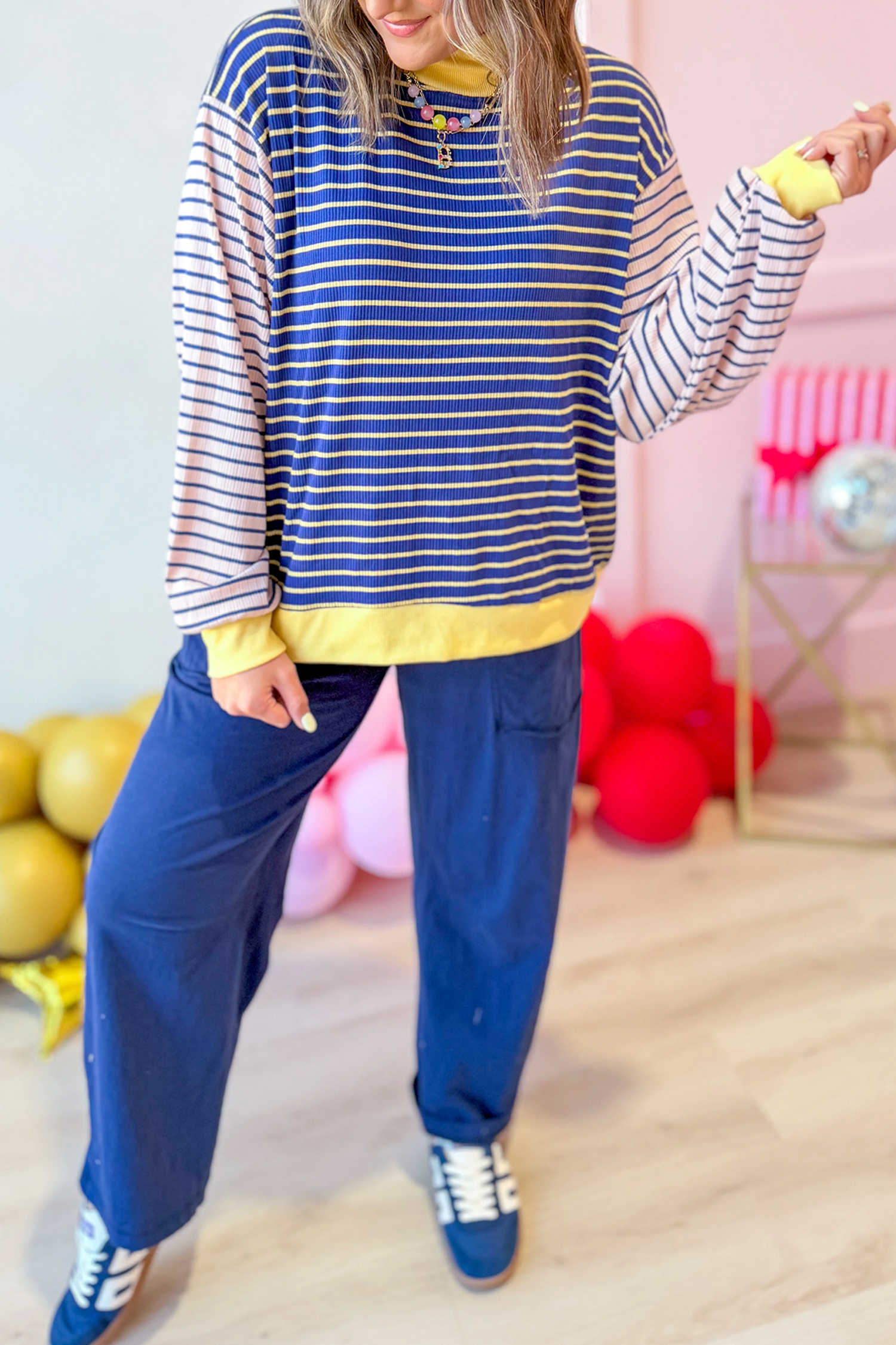 Blue Stripe Ribbed Knit Colorblock Patchwork Mock Neck Long Sleeve Pullover Top