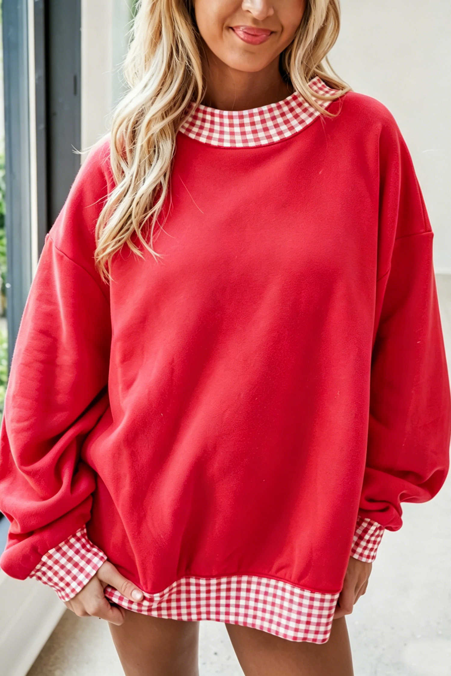 Fiery Red Colorblock Polka Dot/ Plaid High Neck Oversized Sweatshirt