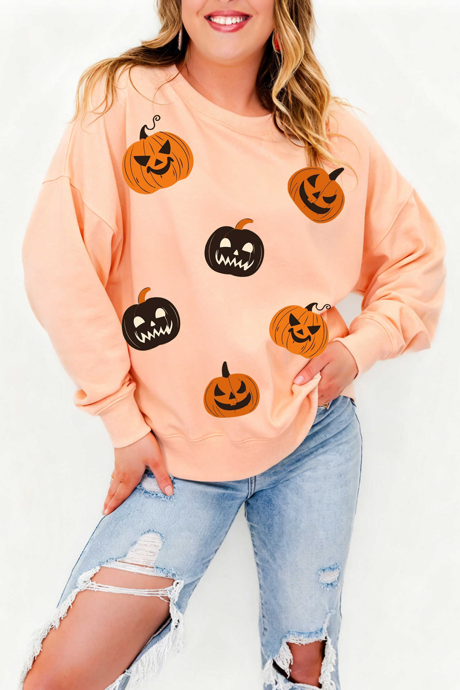 Grapefruit Orange Halloween Pumpkin Face Drop Shoulder Sweatshirt