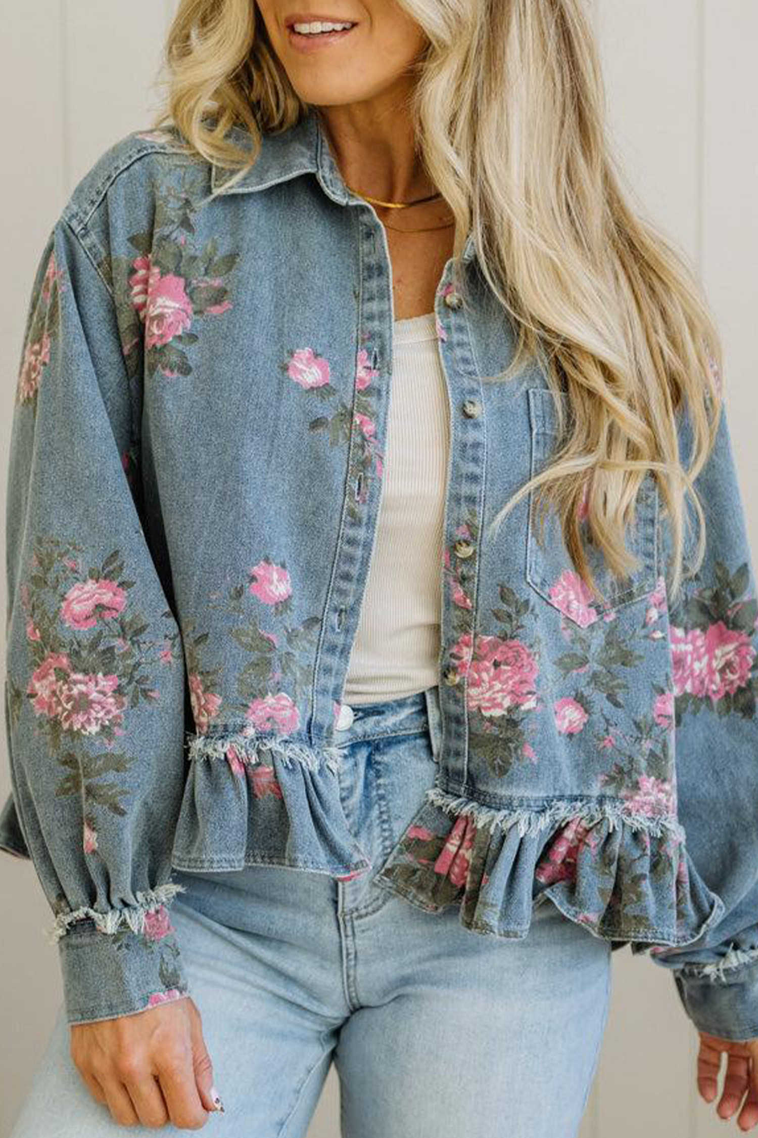 Sky Blue Floral Print Raw Seam Ruffle Hem Denim Jacket