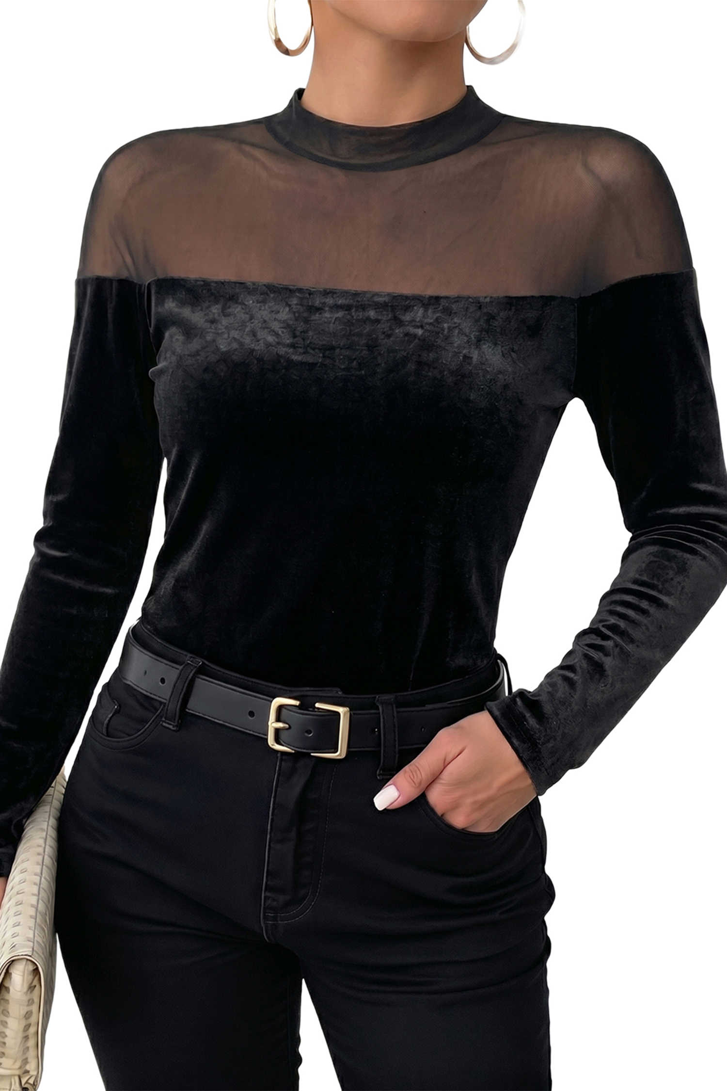 Black Long Sleeve Sheer Neck Casual Pullover Top
