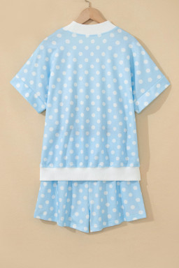 Sky Blue Polka Dot USA Chenille Lettering High Neck Short Sleeve Casual Shorts Set