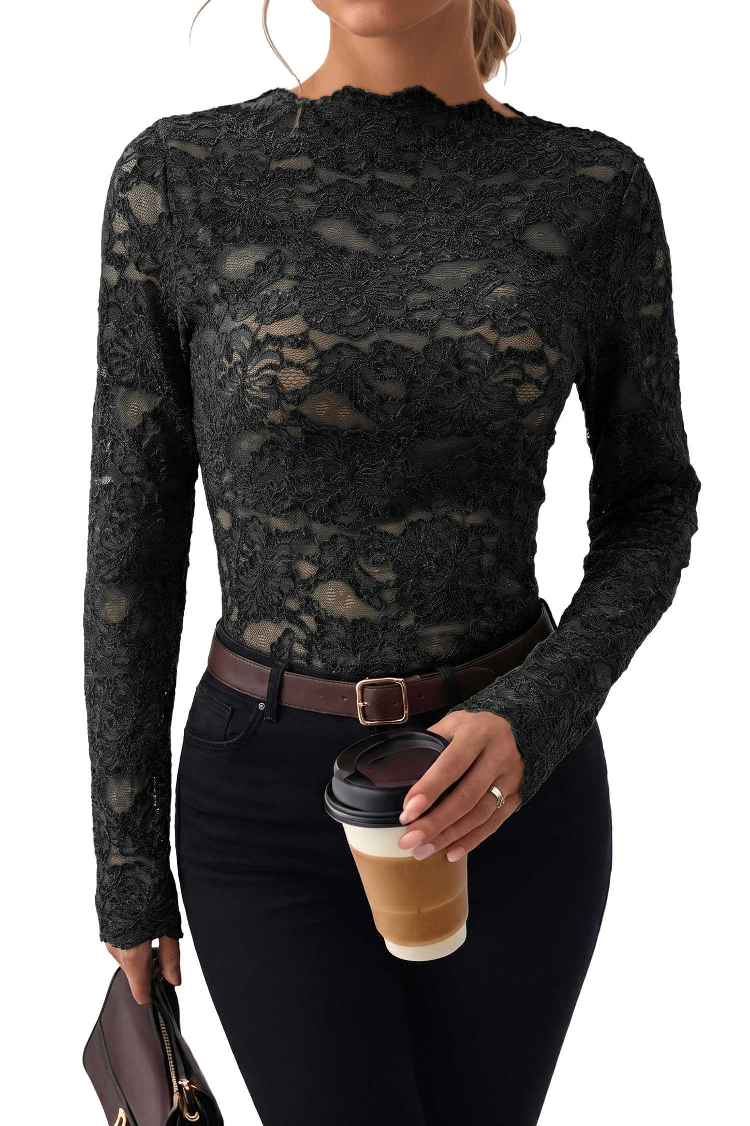 Black Stand Neck Long Sleeve Lace Top Casual Oversized T-Shirt