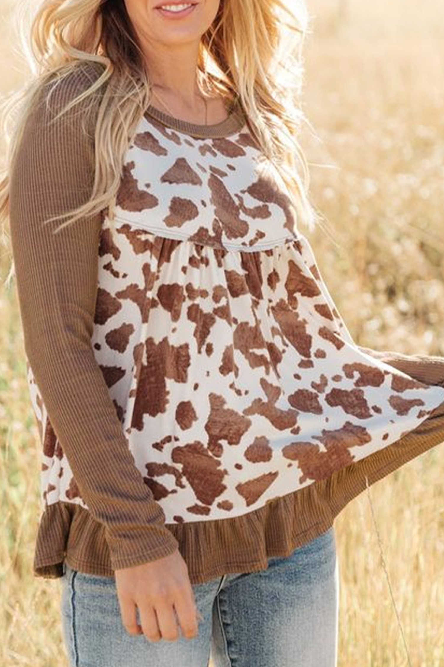 Brown Western Print Patchwork Shift Top with Ribbed Sleeves and Ruffled Hem