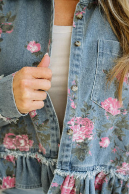 Sky Blue Floral Print Raw Seam Ruffle Hem Denim Jacket