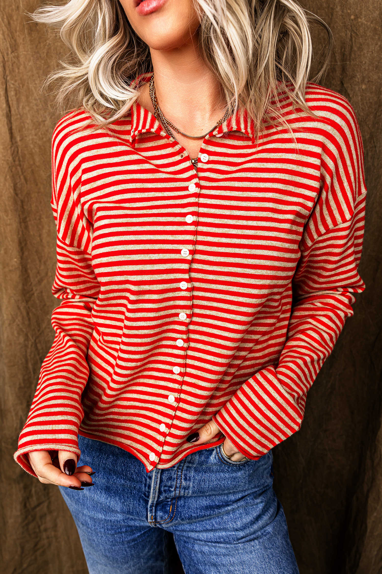 Red Stripe Dropped Shoulder Button-Up Knit Casual Shift Cardigan