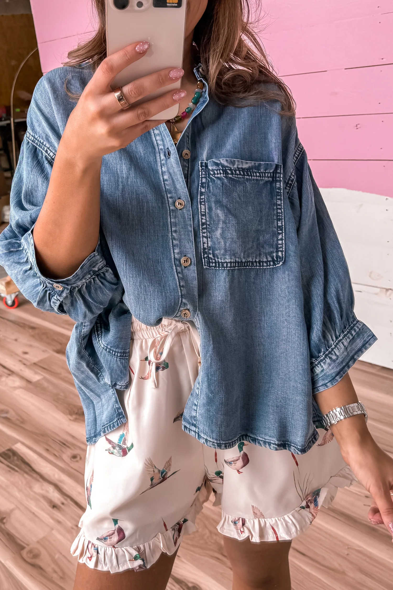 Dusk Blue Three Quarter Sleeve Button Front Loose Denim Shirt