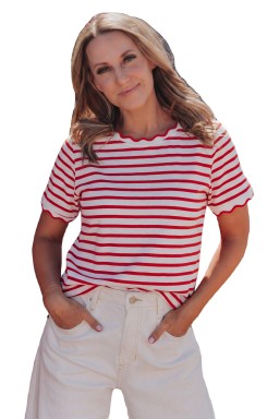 Red Stripe Scalloped Trim Round Neck T Shirt